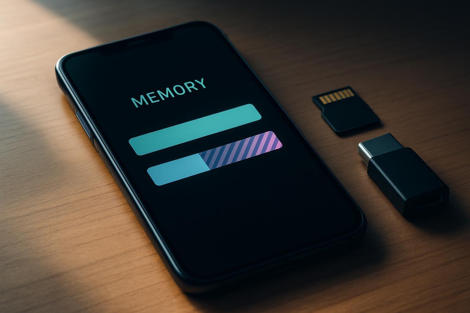 Smartphone sobre mesa com interface de memória e cartão de armazenamento ao lado