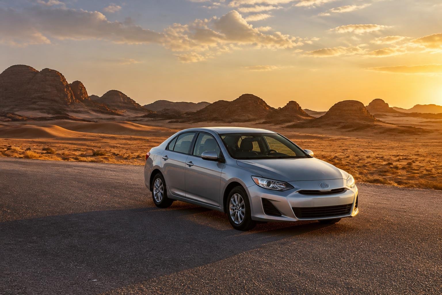 Carro prateado parado sozinho numa estrada deserta da Arábia Saudita ao pôr do sol