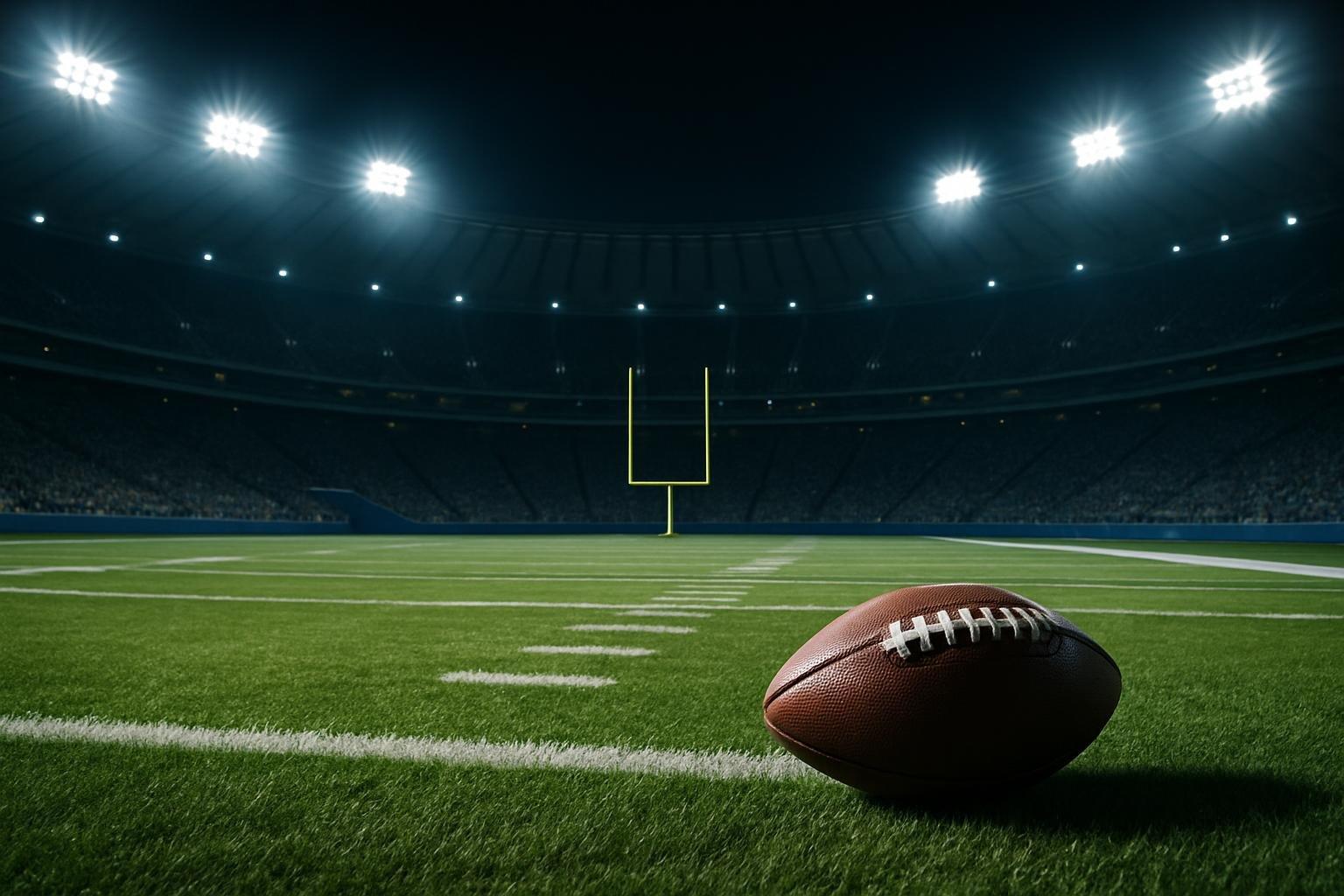 Campo de futebol americano iluminado no Maracanã à noite, com bola de futebol americano no gramado e arquibancadas ao fundo