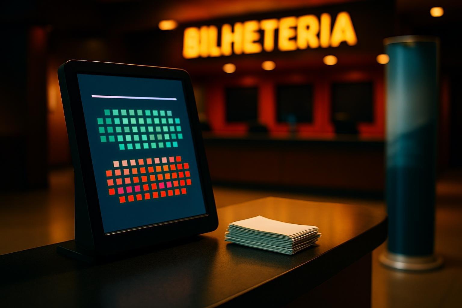 Bilheteria de cinema com tela de autoatendimento e ingressos sobre o balcão, em lobby iluminado