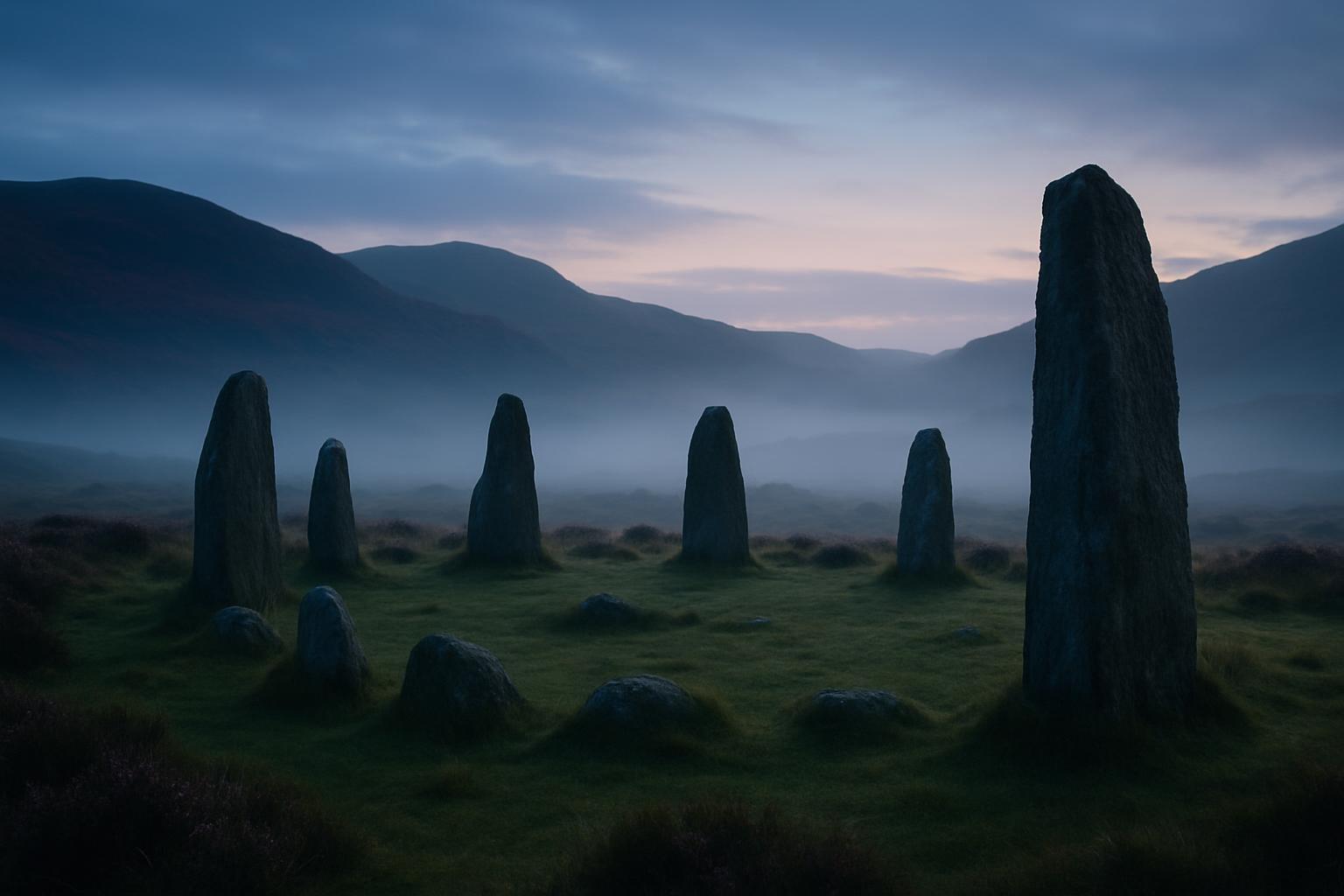 Pedras de Craigh na Dun em paisagem das Terras Altas da Escócia coberta por névoa ao amanhecer