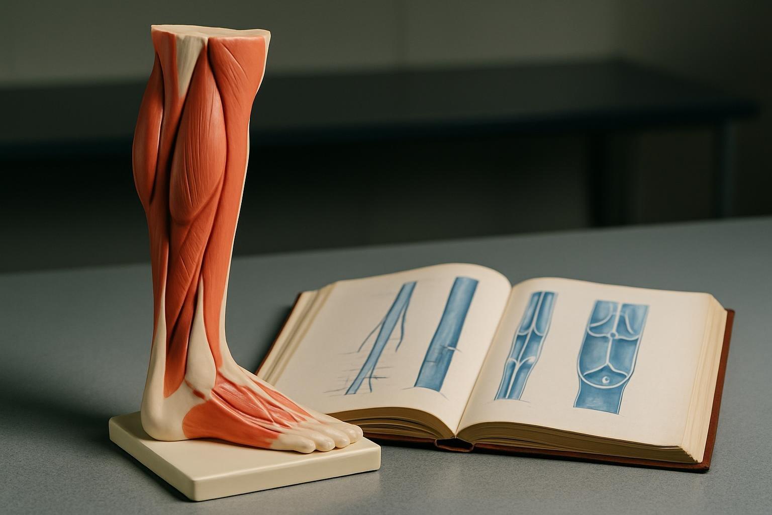 Modelo anatômico de perna humana em bancada de laboratório ao lado de livro de anatomia aberto sobre veias e válvulas