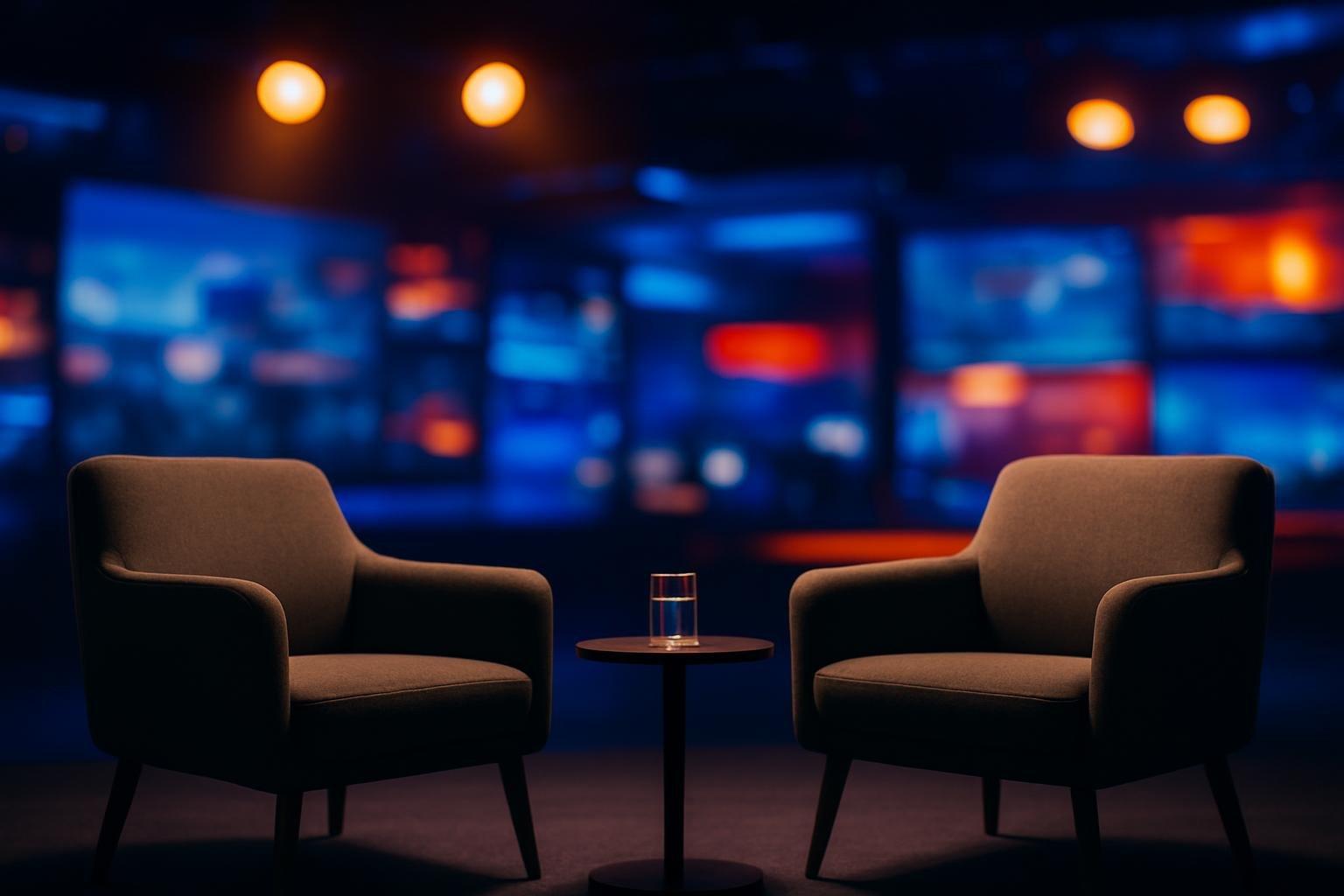 Estúdio de TV com duas poltronas vazias frente a frente e mesa lateral, cenário de entrevista iluminado