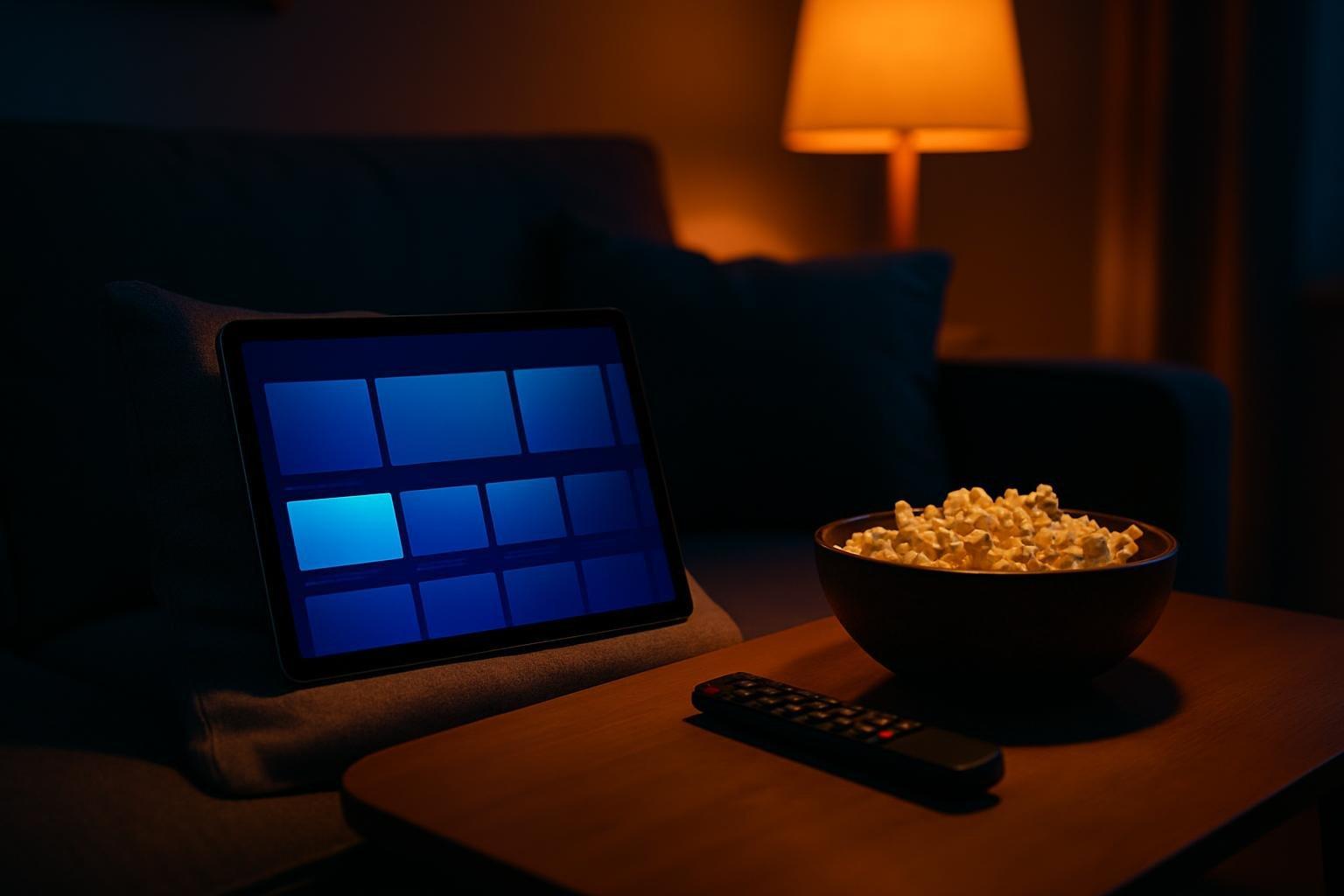 Tablet sobre o sofá com interface de streaming, controle remoto e pipoca na mesa de centro iluminada