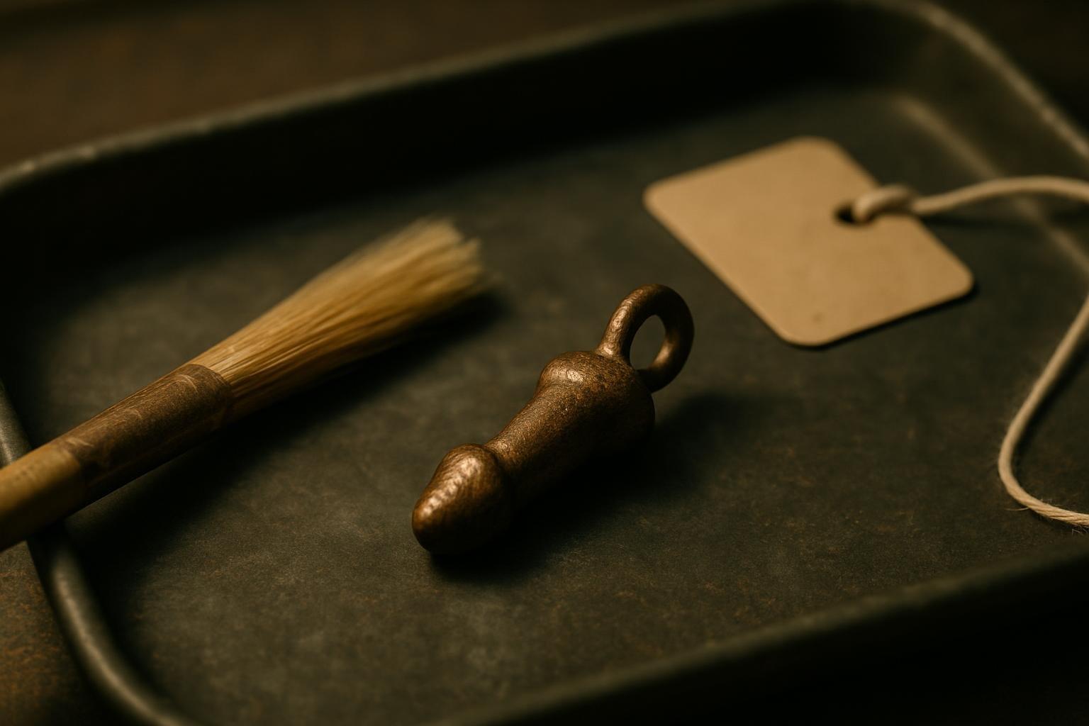 Pequeno pingente fálico romano de bronze sobre bandeja de laboratório arqueológico, ao lado de pincel e etiqueta de escavação.