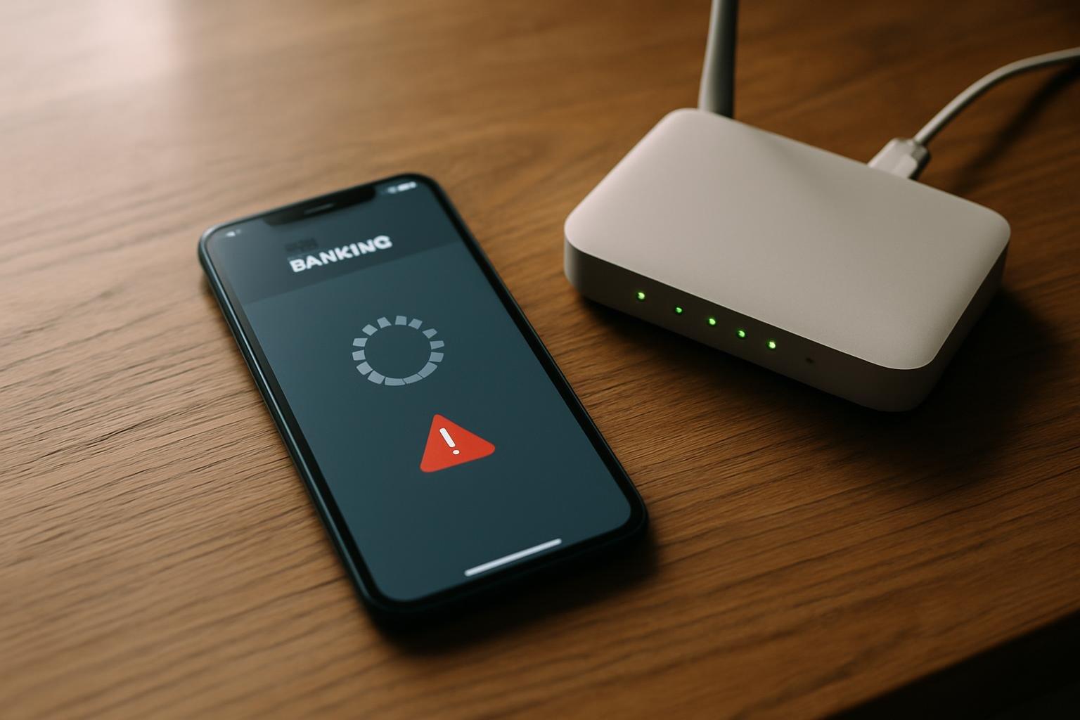 Celular com erro de carregamento no app de banco ao lado de roteador Wi-Fi e cabo, em cima de mesa de madeira