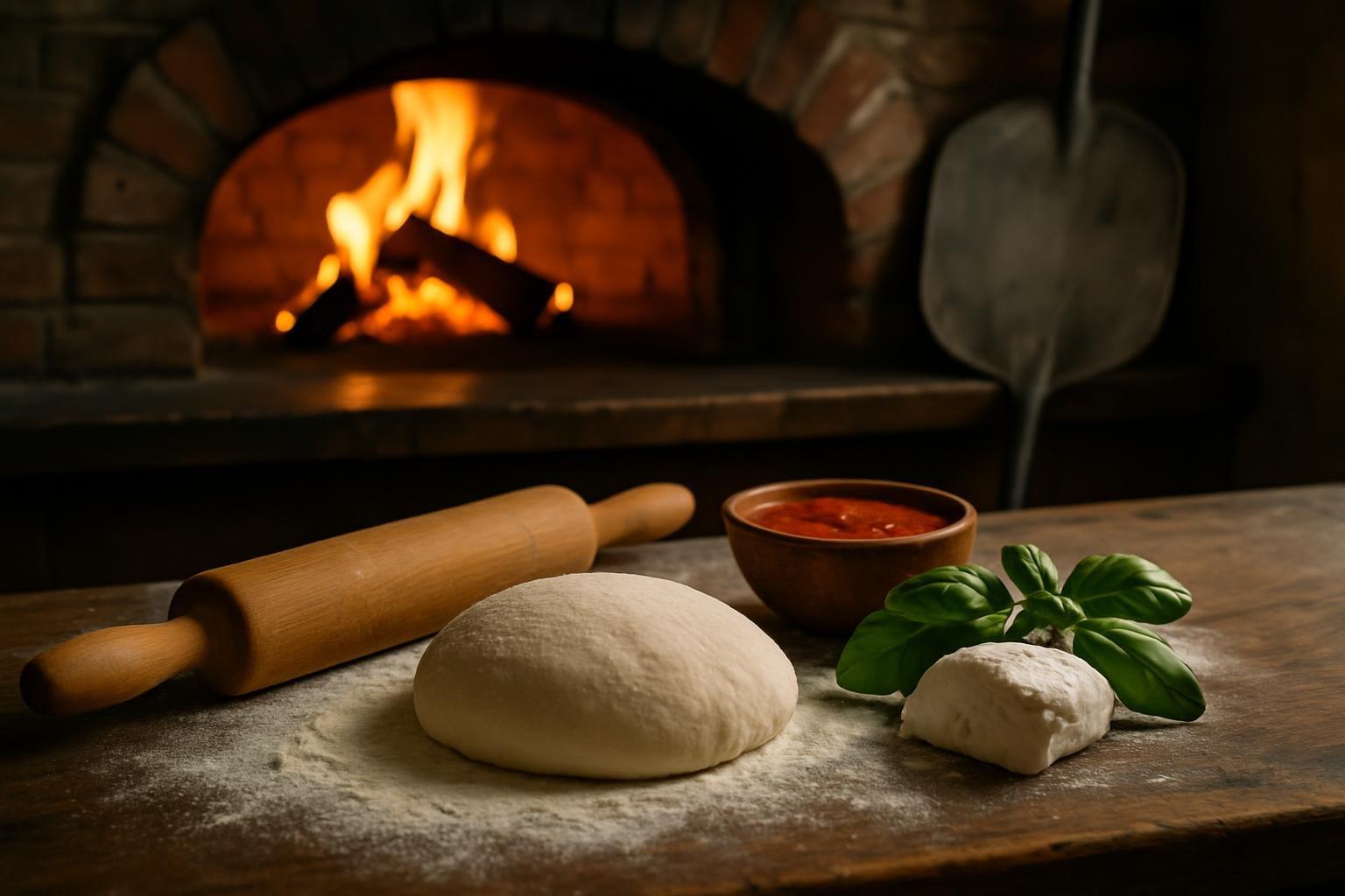 Massa de pizza napolitana, ingredientes e forno a lenha sobre bancada rústica de uma pizzaria tradicional
