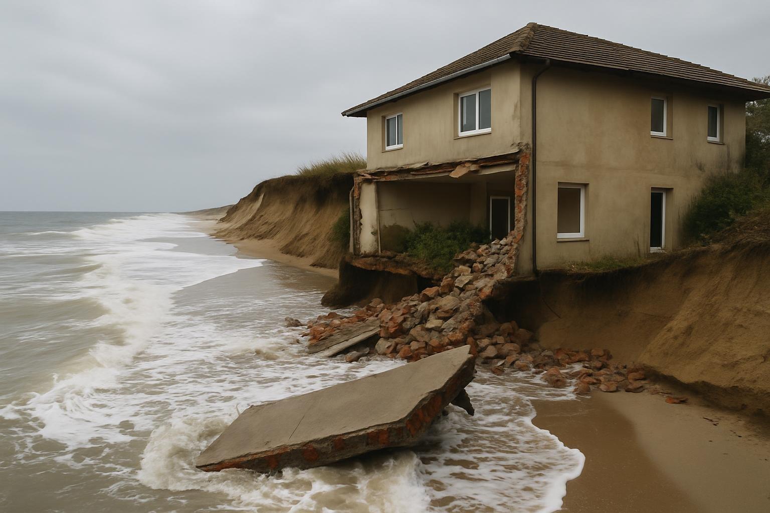 Casa na Praia do Saco, em Estância (SE), com muro derrubado e jardim engolido pelo avanço do mar