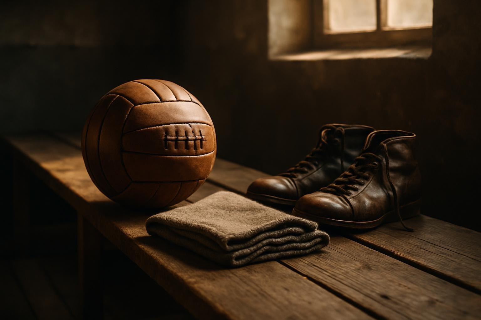 Bola de couro antiga, camisa de lã e chuteiras velhas sobre banco de madeira em vestiário de estádio dos anos 1930