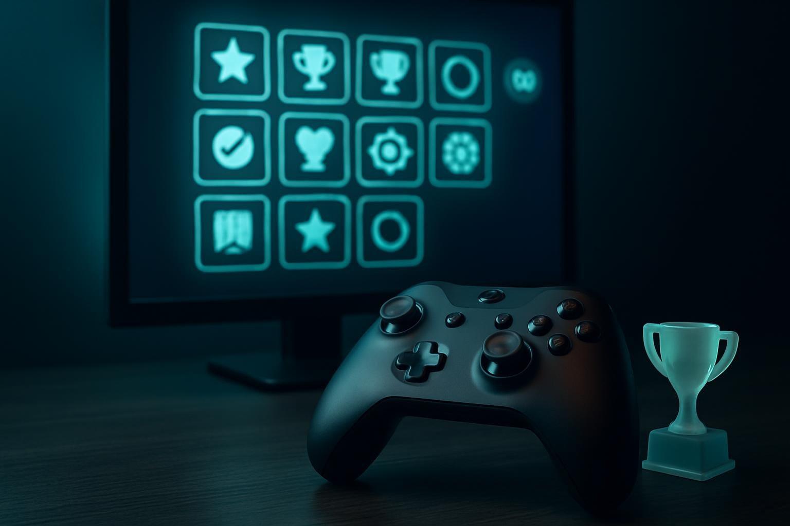 Controle de videogame sobre mesa com monitor exibindo placar de conquistas e um pequeno troféu ao lado