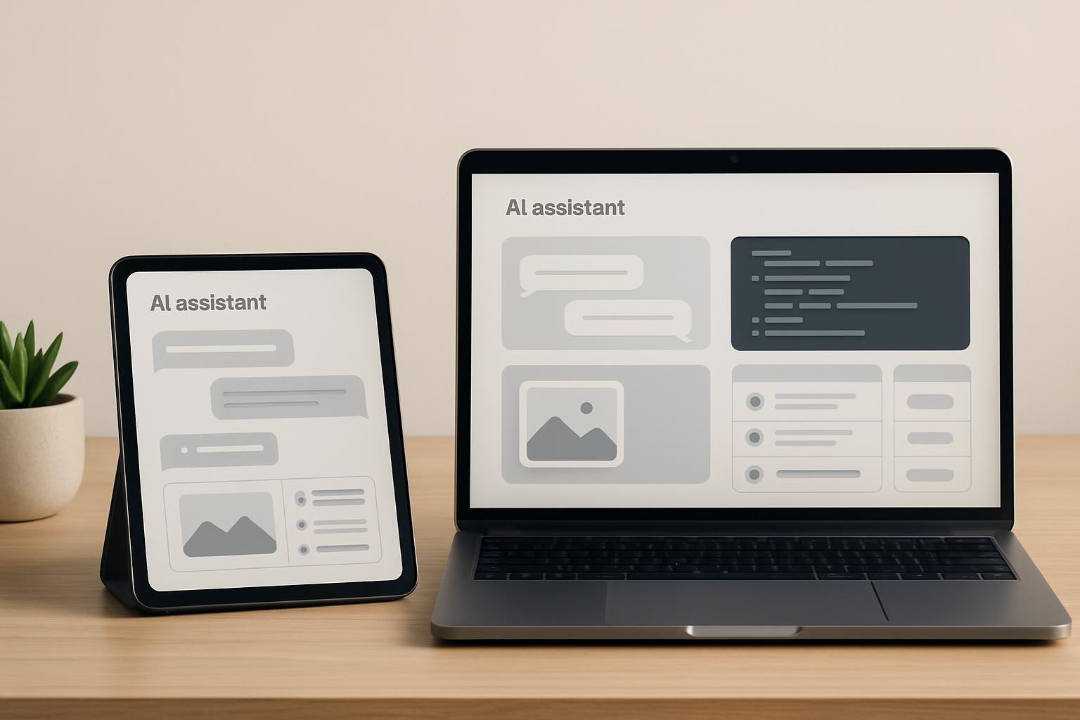 Mesa com telas de assistentes de IA comparando chat, pesquisa, imagens, reuniões e código