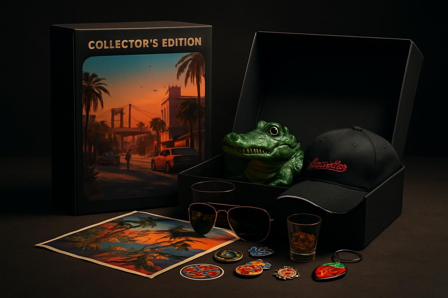 Caixa de edição de colecionador de GTA 6 aberta com itens como jacaré de vinil, óculos, boné e pôster.