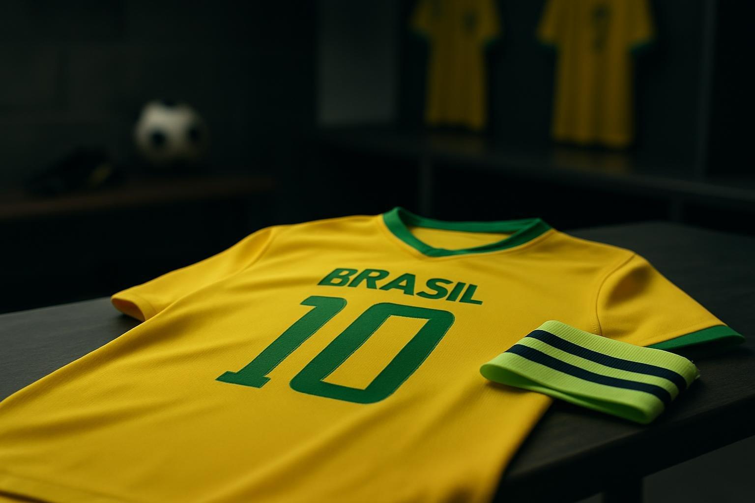 Camisa da Seleção com o número 10 sobre um banco, ao lado de chuteiras e bola