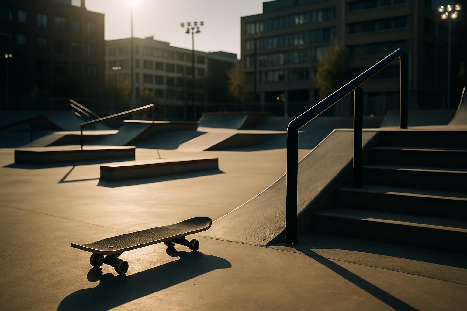 Pista de skate street vazia com um skate apoiado na rampa de concreto sob luz de fim de tarde