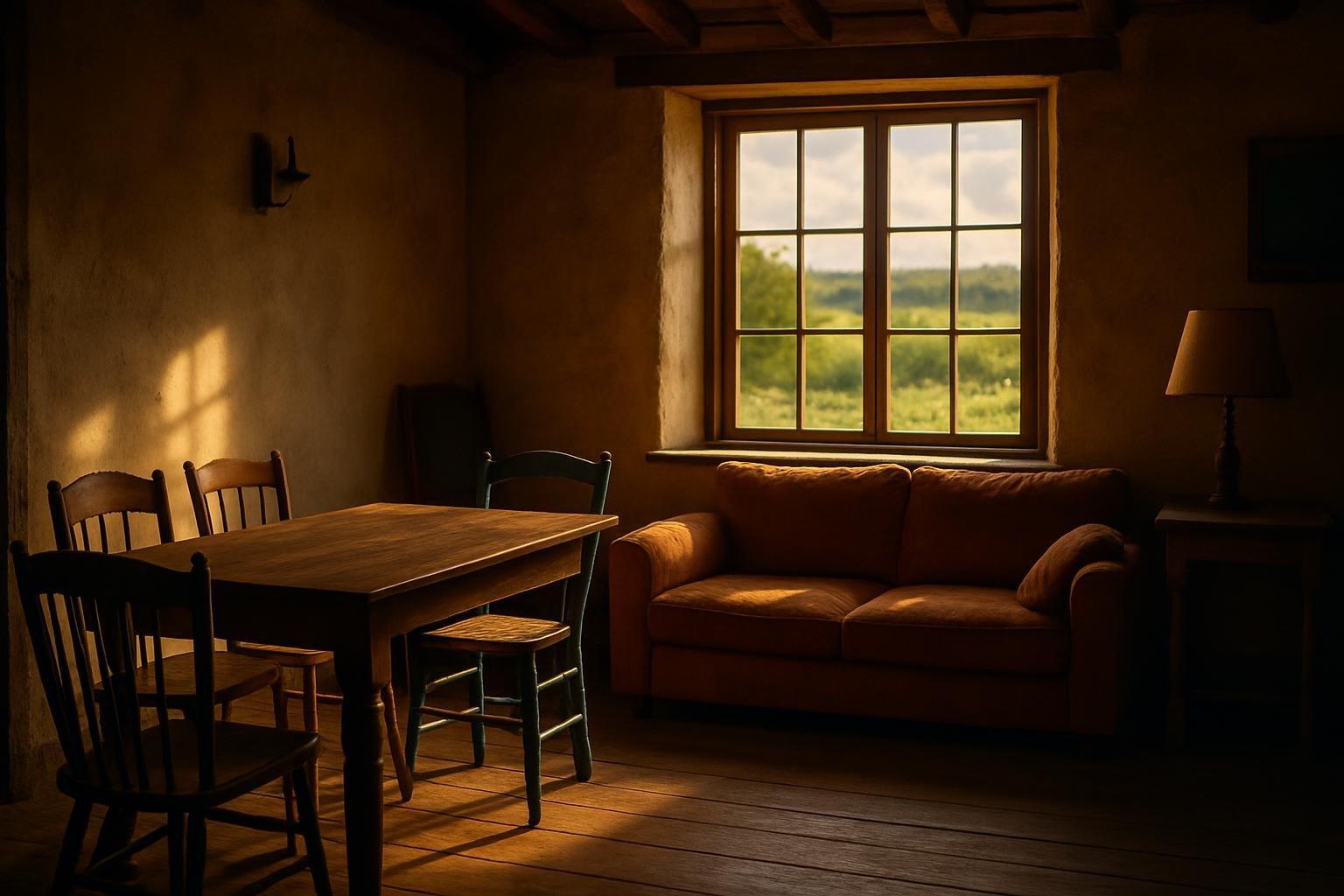 Sala rústica de fazenda com mesa de madeira, sofás e janela para o campo, cenário de reality show rural