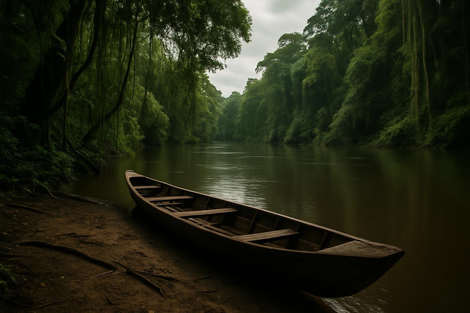 Canoa de madeira na margem de um rio amazônico cercado por floresta densa, cenário da expedição Rondon-Roosevelt