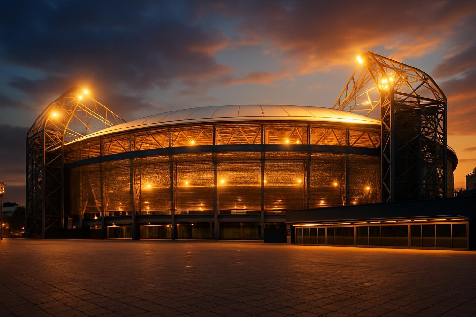 Estádio Allianz Parque em São Paulo ao anoitecer, com iluminação artificial e praça de acesso vazia.