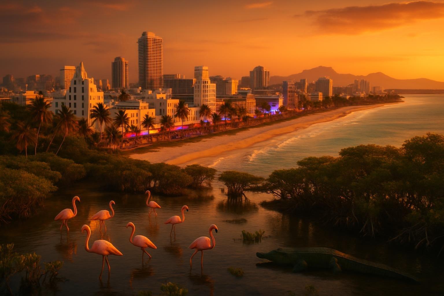 Vista aérea de cidade costeira com praias, pântano com animais e montanhas ao fundo, cenário do mapa de GTA 6