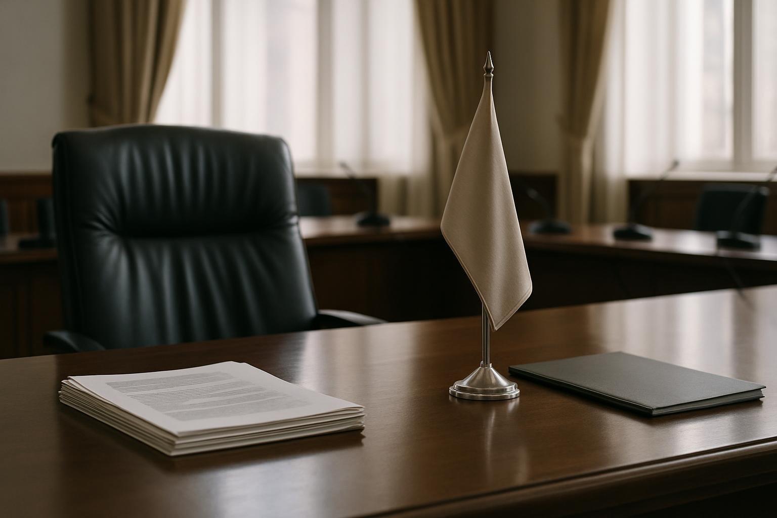 Sala de reuniões diplomática com mesa de madeira, documentos oficiais e cadeira vazia ao fundo