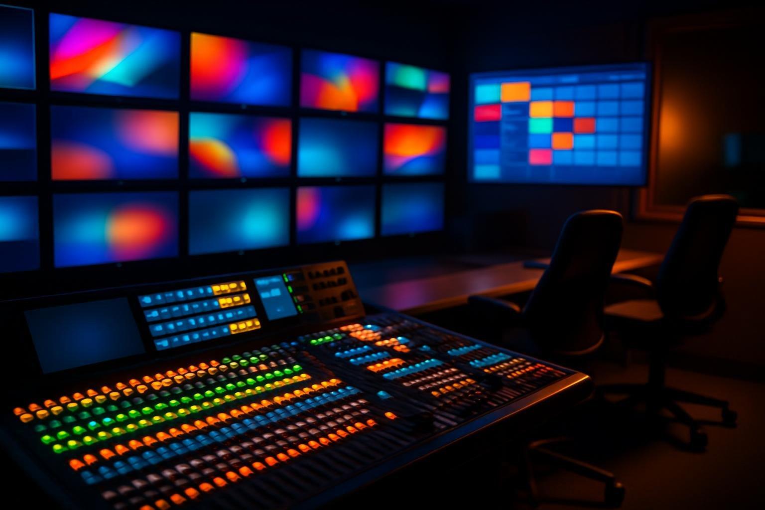 Sala de controle de TV com parede de monitores exibindo grade de programação e mesa de mixagem iluminada