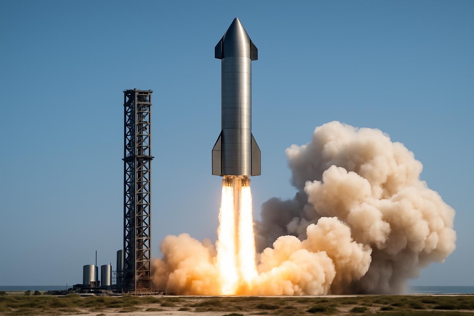 Foguete Starship decolando da base de Boca Chica, no Texas, com nuvem de fumaça e chamas no céu