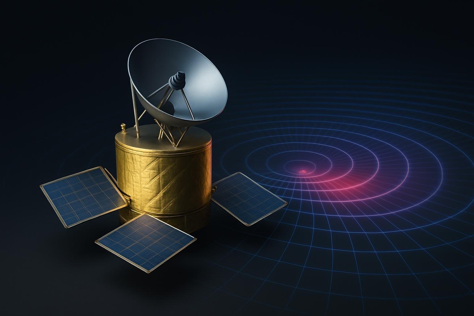 Telescópio da missão LISA em vitrocerâmica Zerodur com espelho revestido de ouro, sobre fundo escuro com ondas no espaço-tempo
