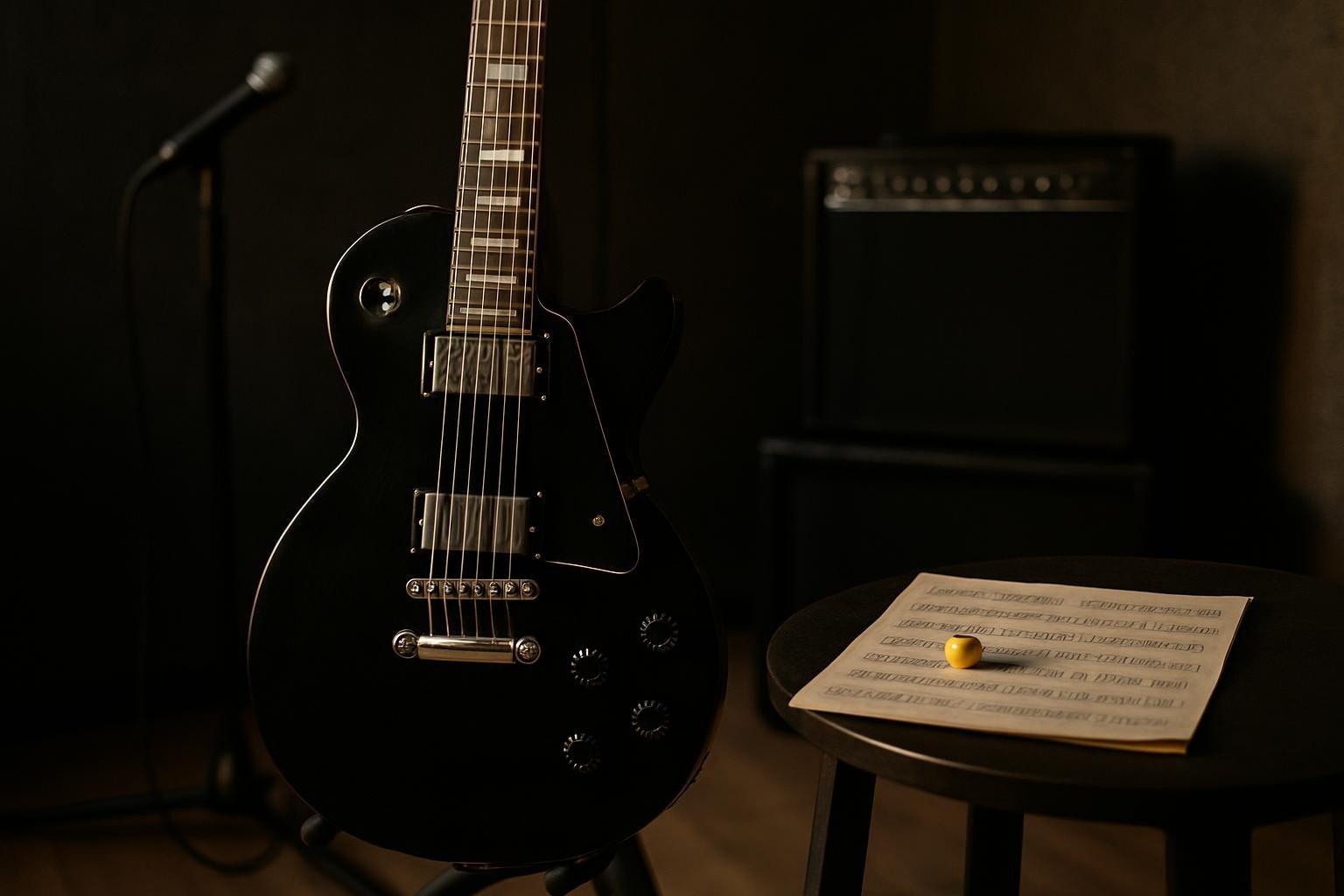 Guitarra preta em suporte de ensaio ao lado de uma palheta de dedão sobre a mesa, em estúdio com amplificador ao fundo