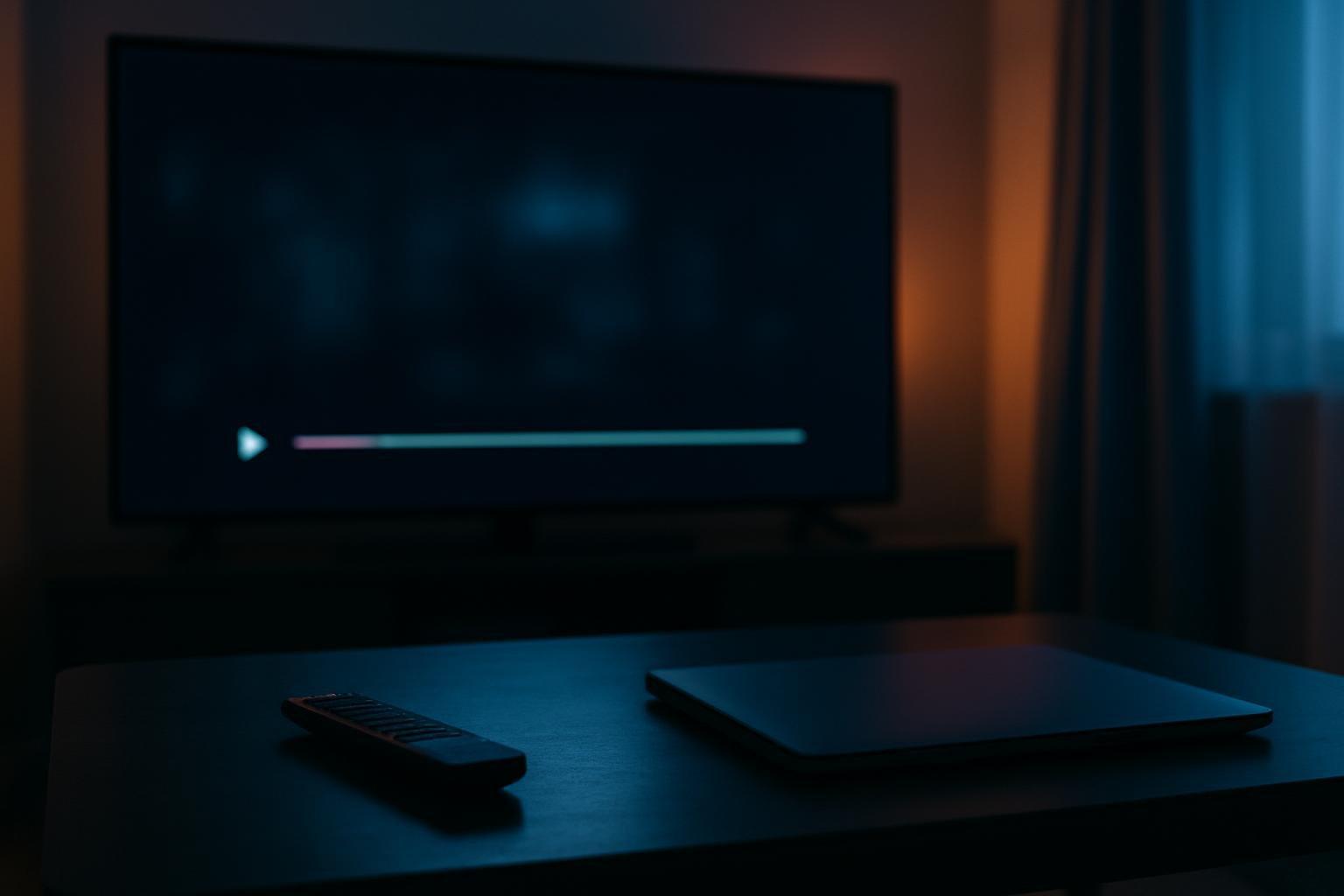 TV com interface de streaming, controle remoto e laptop em uma sala iluminada de forma suave