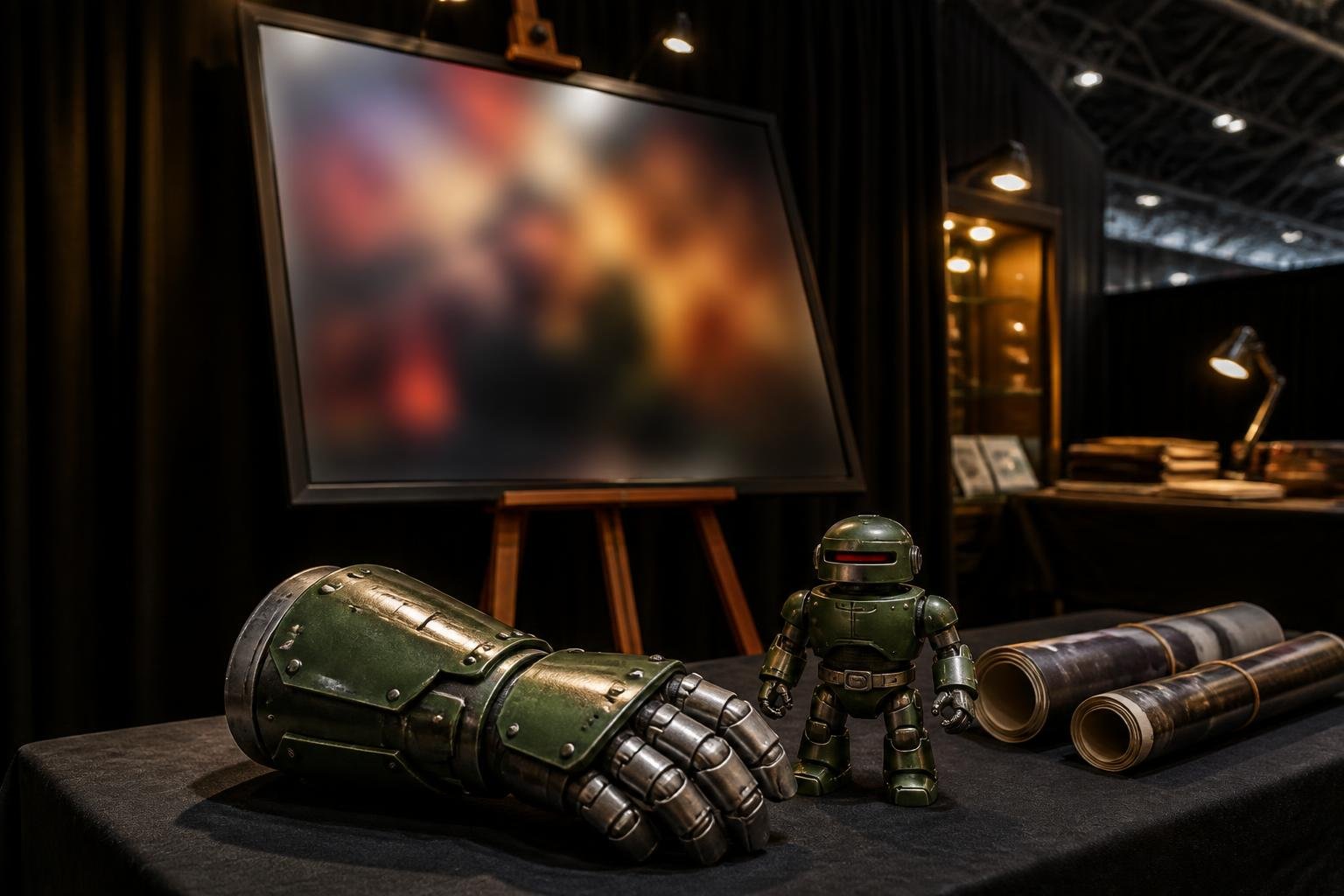 Estande de evento de quadrinhos com arte emoldurada desfocada, manopla de armadura e miniatura de robô sentinela sobre a mesa