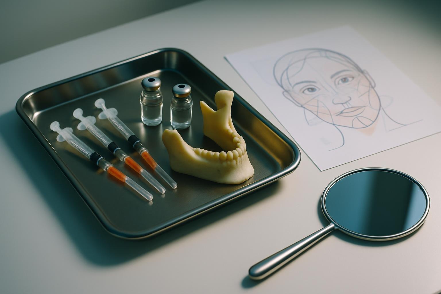 Bandeja de clínica estética com seringas, frascos e modelo anatômico de mandíbula sobre bancada branca