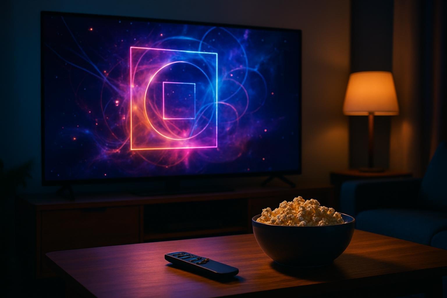 TV ligada com interface cósmica abstrata e controle remoto sobre a mesa da sala, cena de estreia no streaming