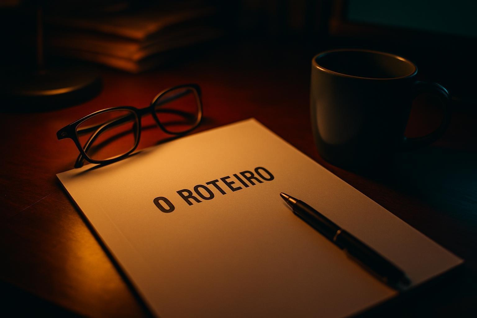 Mesa de roteiristas com roteiro impresso, óculos, caneca de café e caneta sob luz de abajur