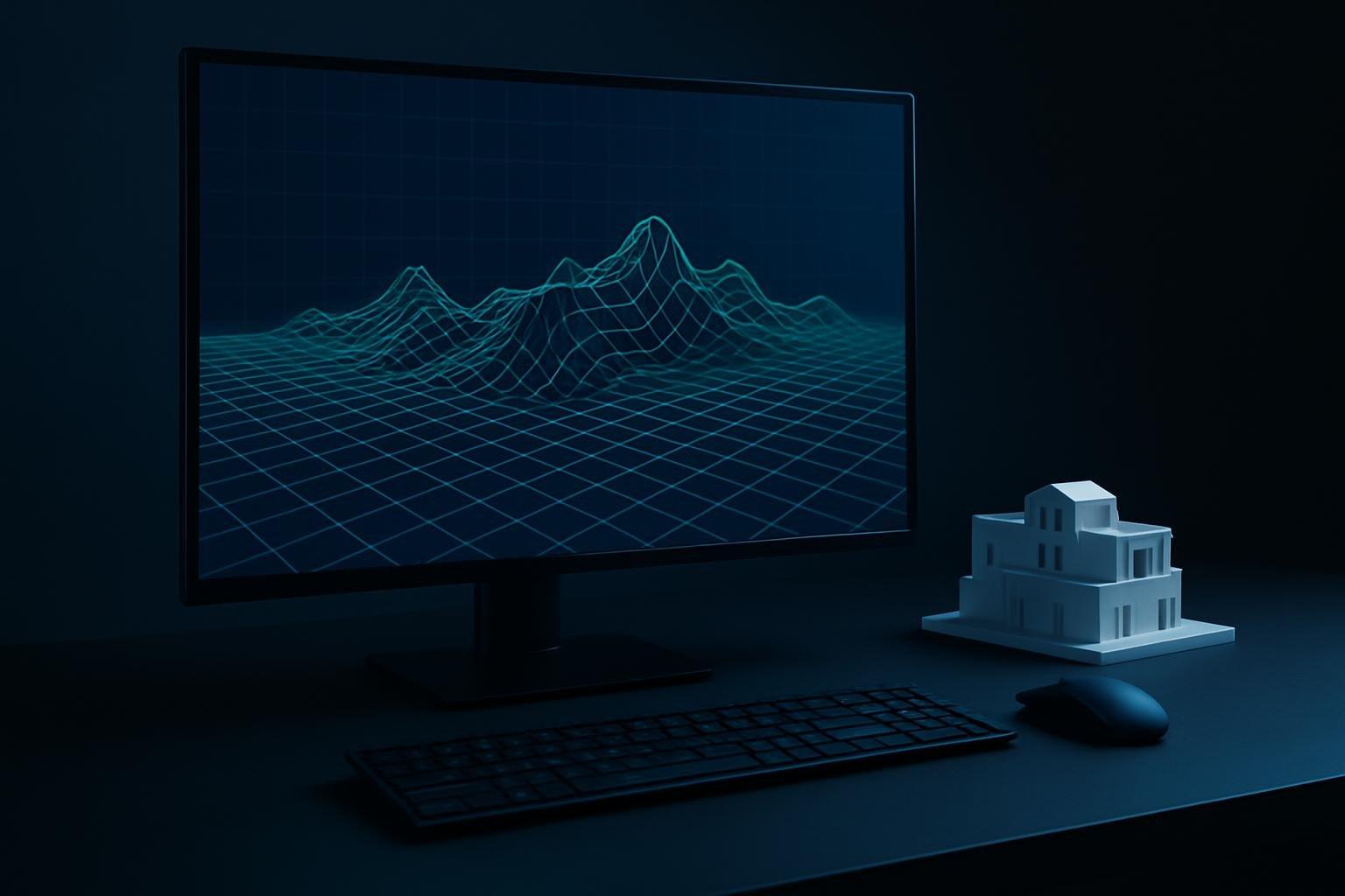 Monitor exibindo terreno 3D em wireframe ao lado de teclado e maquete arquitetônica em uma mesa de trabalho