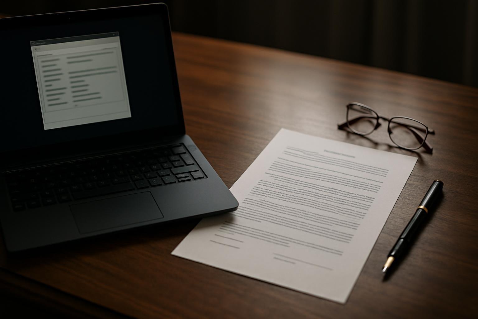 Documento jurídico impresso sobre mesa de escritório ao lado de notebook com janela de propriedades de arquivo e caneta