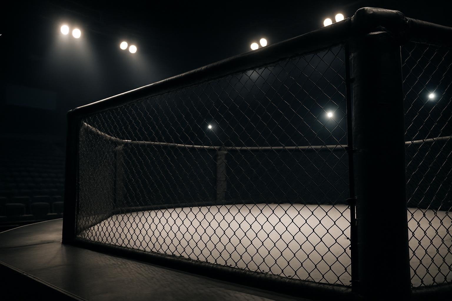 Octógono do UFC vazio sob os refletores em arena escura, com a grade de proteção em primeiro plano
