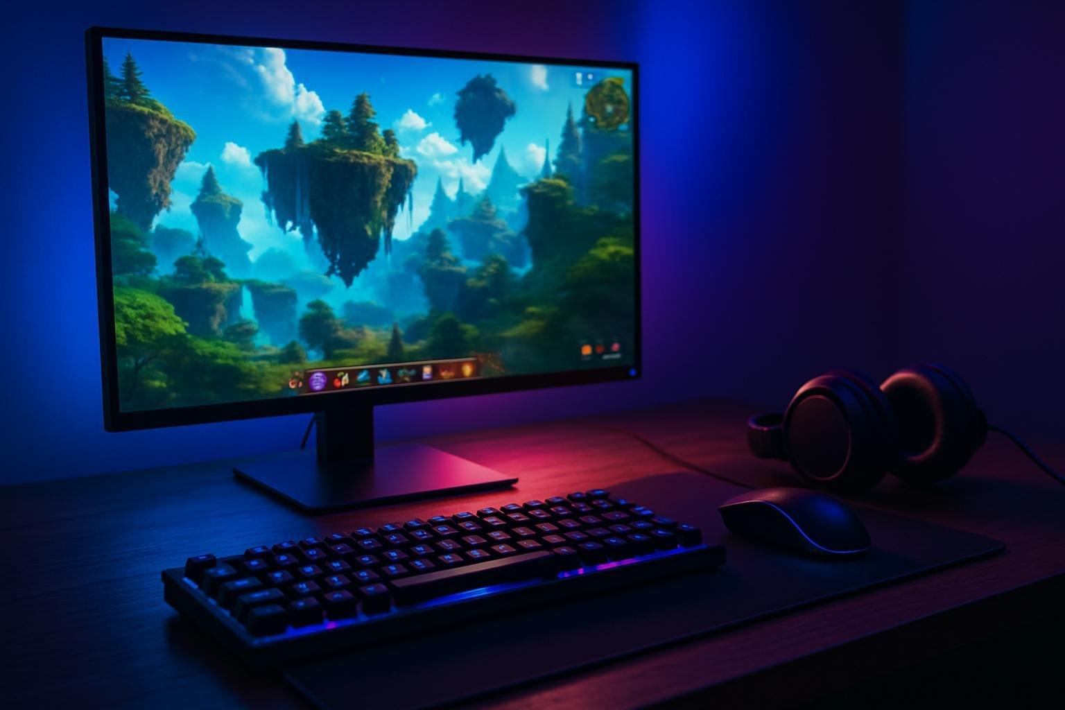 Setup gamer com monitor exibindo interface de MMORPG de fantasia, teclado, mouse e headset sobre a mesa