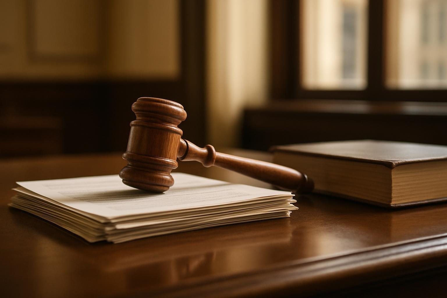 Martelo de juiz sobre documentos e livro de leis em mesa de gabinete, simbolizando a discussão sobre maioridade penal