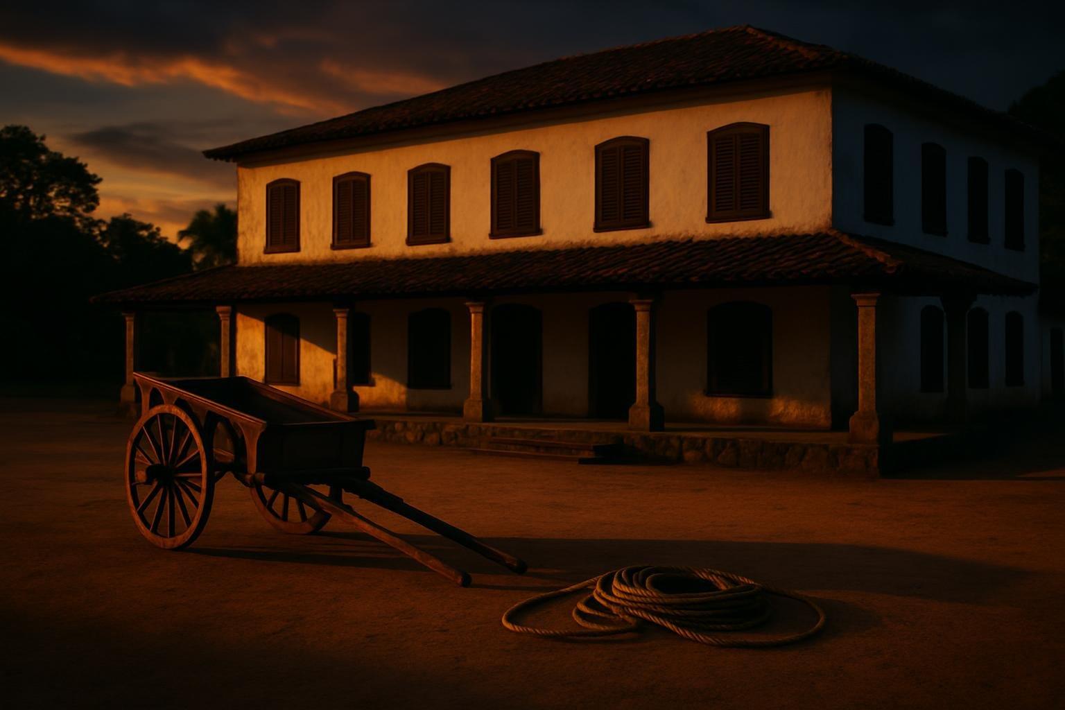 Casa grande de engenho colonial ao entardecer, com pátio de terra vazio, carroça de madeira e cordas no chão
