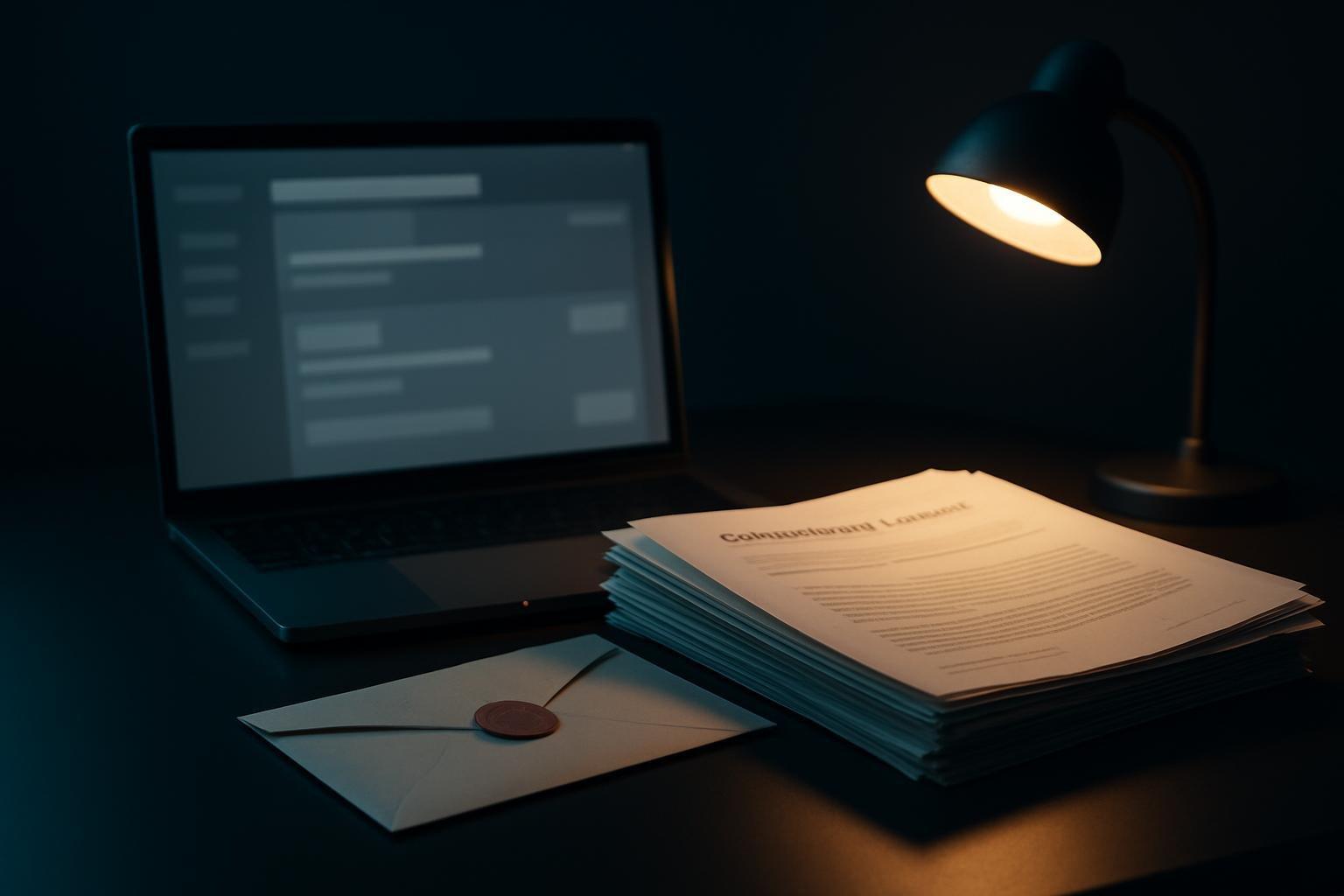 Notebook com tela de interface abstrata sobre uma mesa de escritório ao lado de documentos oficiais e um envelope carimbado