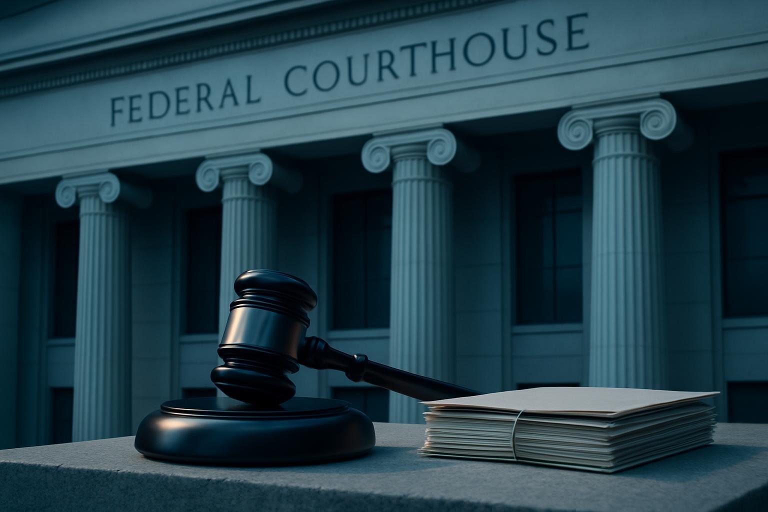 Fachada de tribunal em Washington com martelo e documentos judiciais sobre a decisão da Anthropic