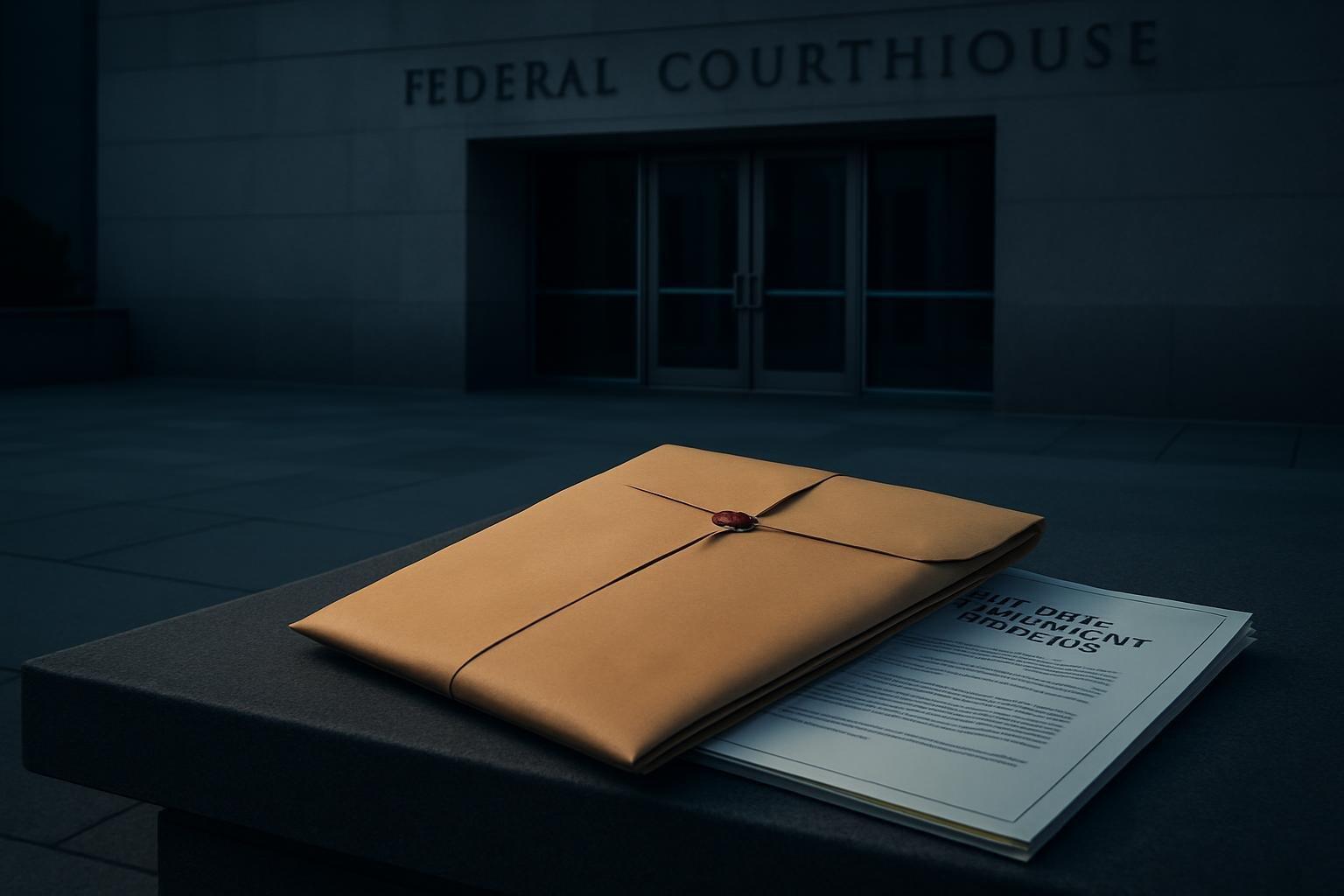 Fachada de tribunal e pasta de contrato militar sobre um banco