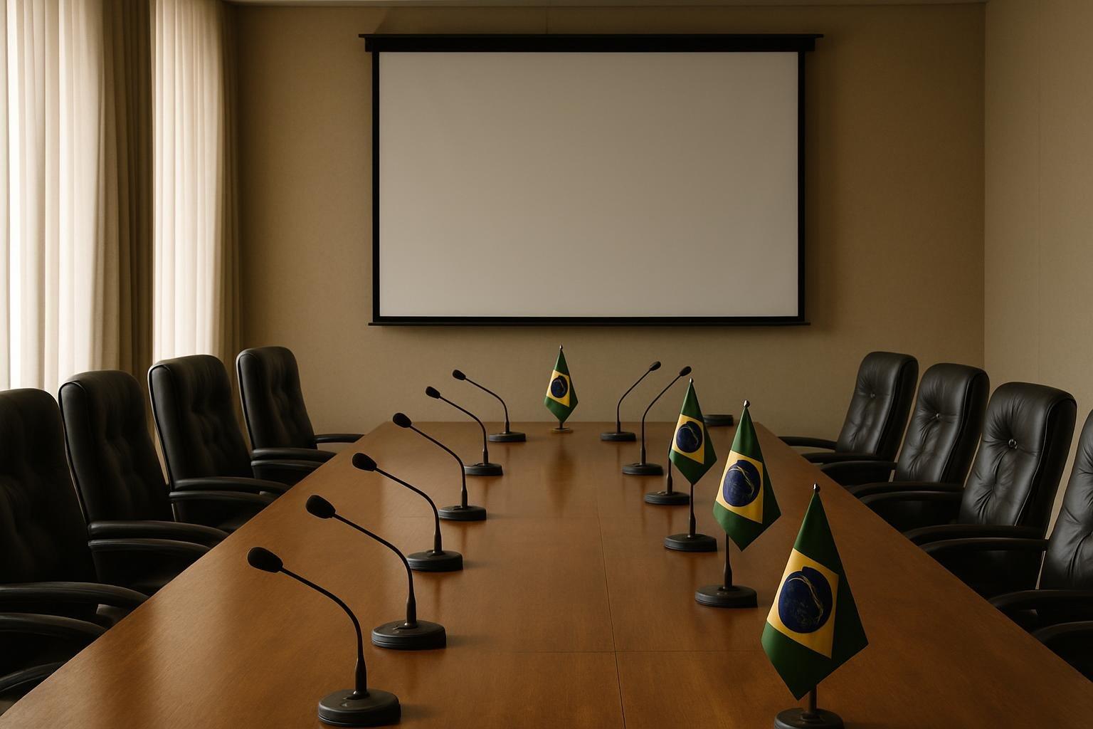 Sala de reunião vazia da executiva nacional de um partido em Brasília, com mesa de madeira, cadeiras, microfones e bandeiras do Brasil