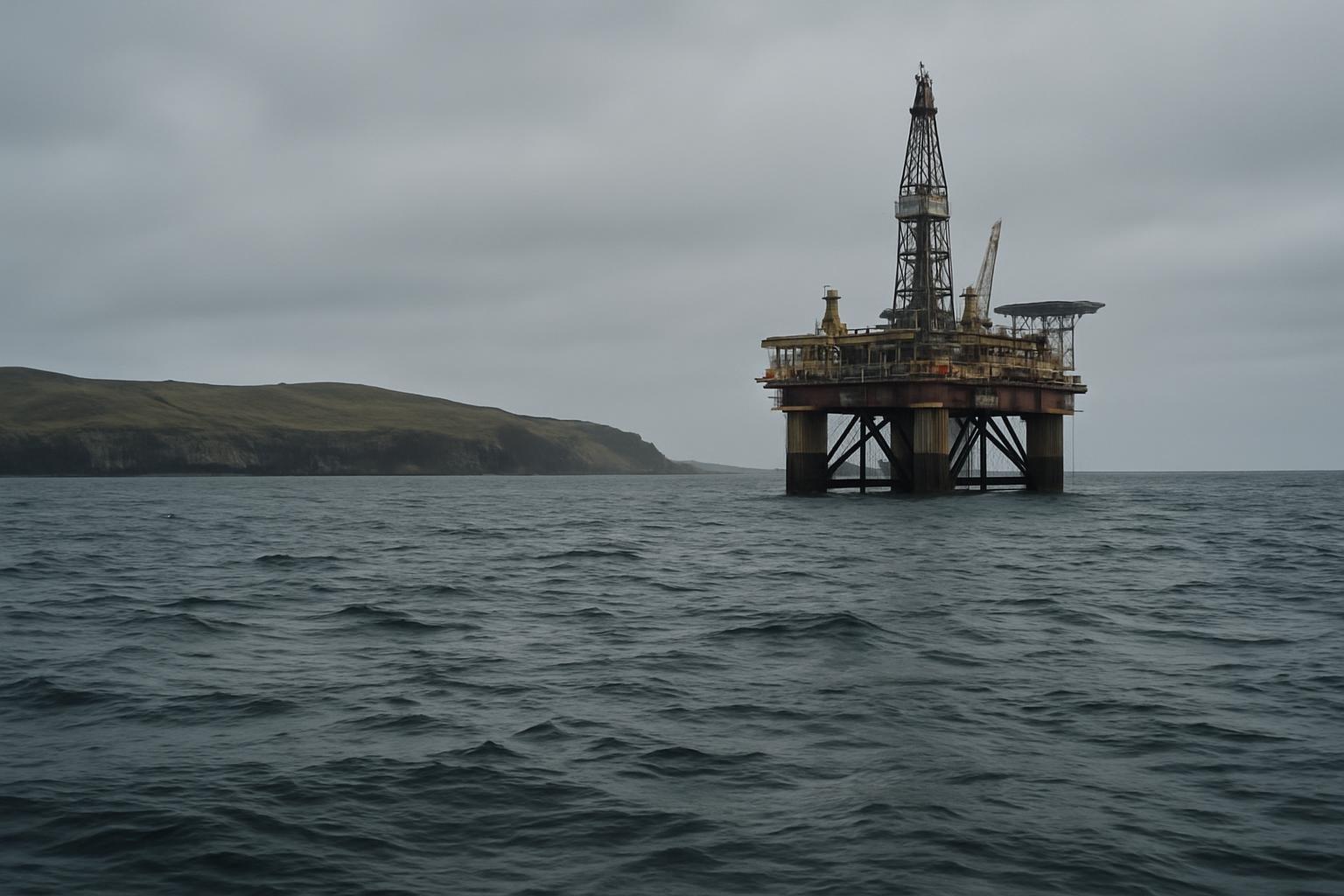 Plataforma de petróleo Sea Lion em mar agitado no Atlântico Sul, com costa rochosa das Malvinas ao fundo