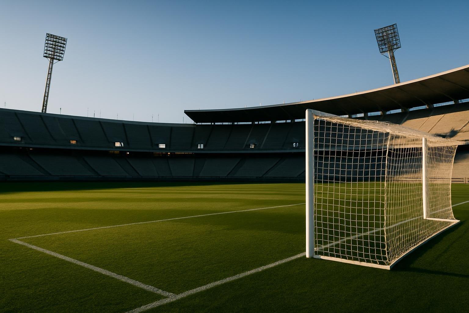 Estádio Mario Alberto Kempes vazio, em Córdoba, com o gramado e o gol em destaque sob a luz da tarde