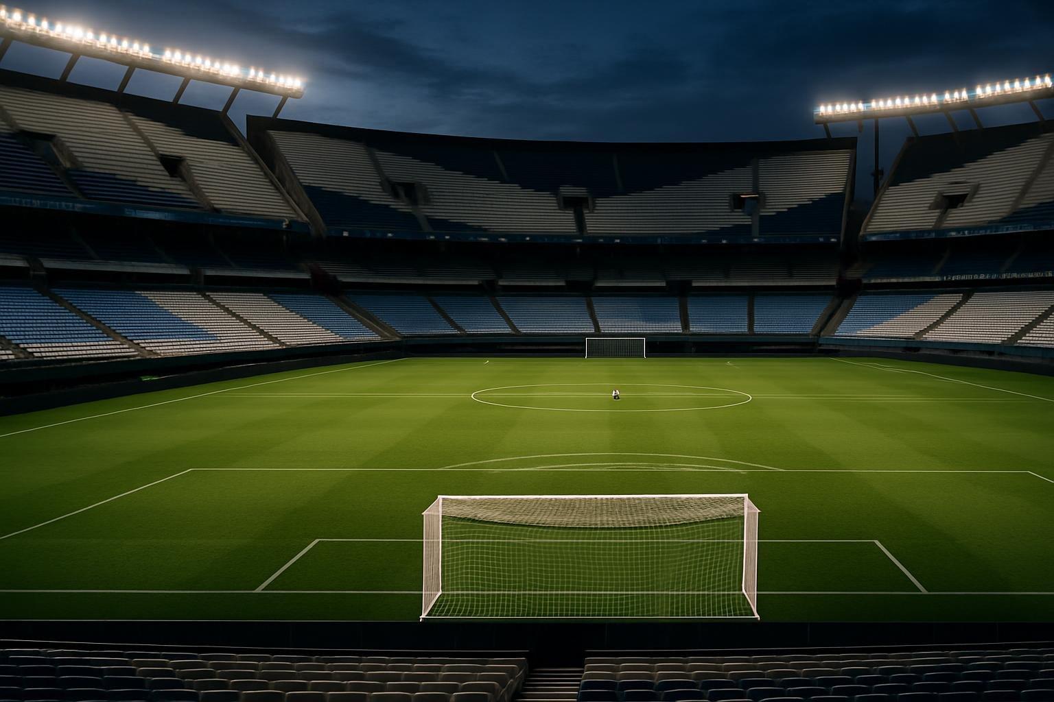 Estádio Monumental de Núñez vazio ao anoitecer, com bola no círculo central e refletores acesos