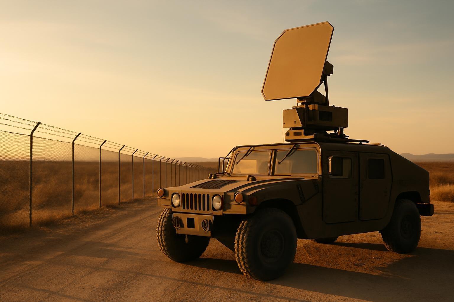 Veículo militar com a antena do Active Denial System estacionado em estrada de terra na fronteira desértica ao entardecer