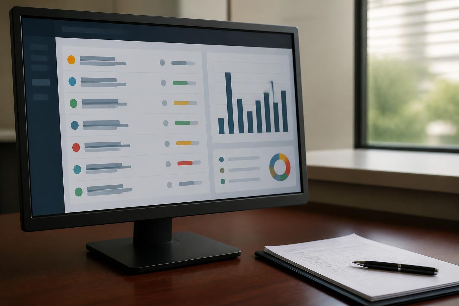 Tela de computador em mesa de repartição pública exibindo painel abstrato de denúncias registradas e um formulário impresso ao lado