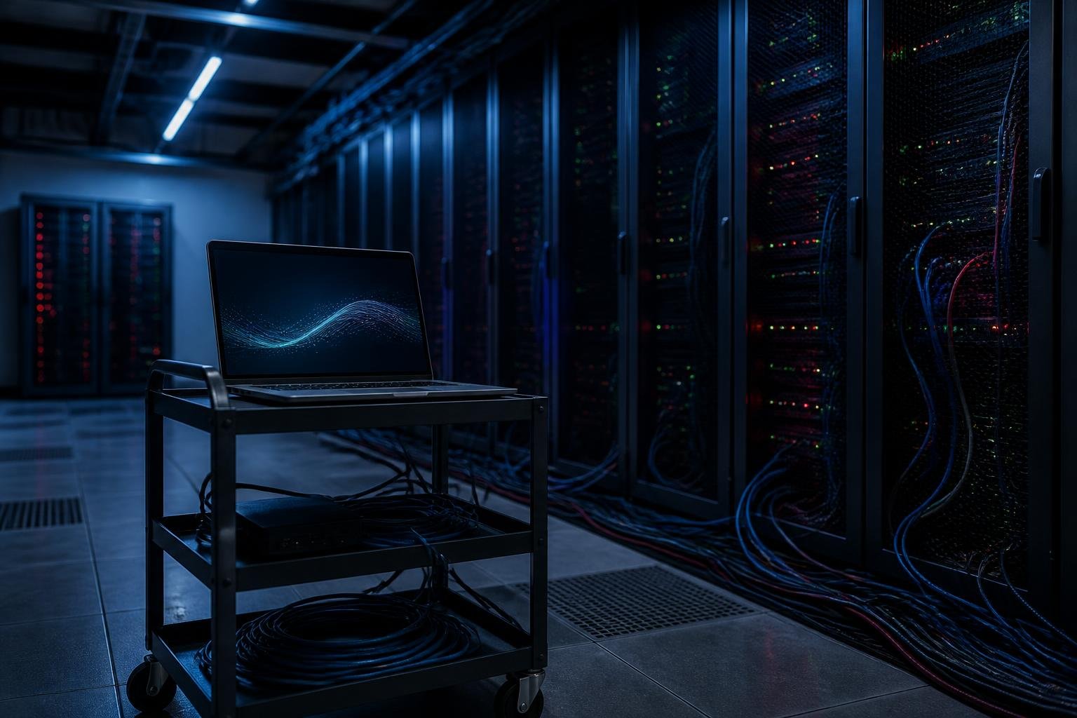 Sala de servidores escura com racks, luzes de LED piscando e um laptop aberto sobre carrinho metálico em primeiro plano