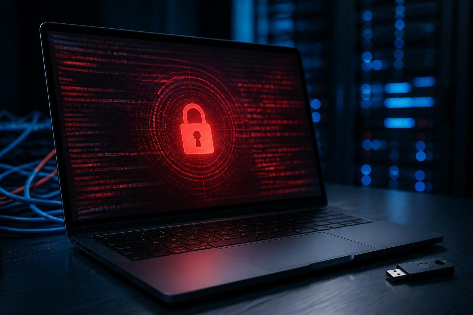 Laptop com tela de alerta vermelho e chave de segurança sobre mesa em sala de servidores, cenário do ataque hacker à Binance