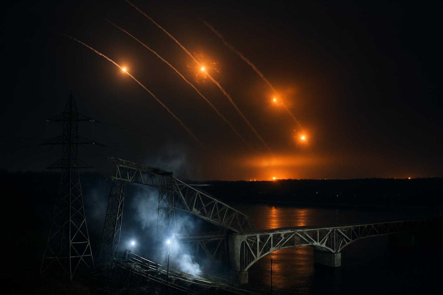 Céu noturno de Kiev com rastros de mísseis e clarões de explosões sobre o rio Dnipro e estruturas danificadas na ponte